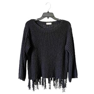 Altar'd State Fringe Hem Sweater Womens Size S Black Open Knit Boatneck Pullover